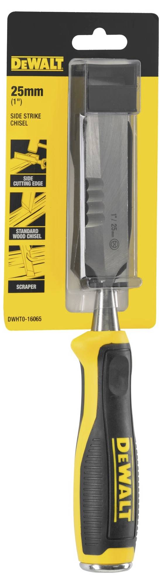 Un ciseau à bois Dewalt de 25 mm, au design noir et jaune, emballé dans un packaging jaune.