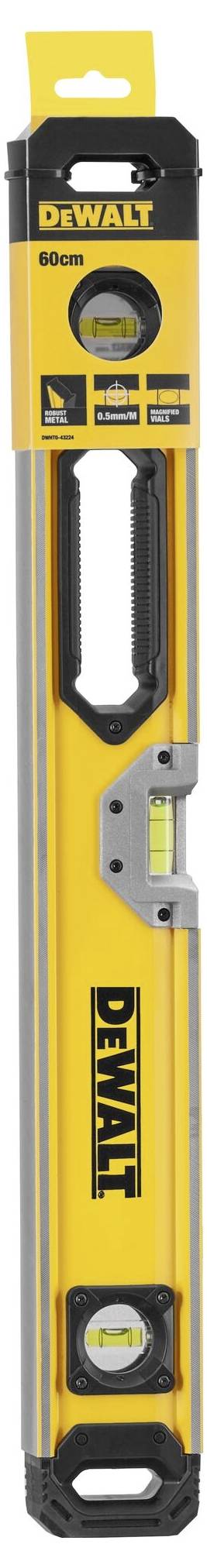 Niveau à bulle DeWalt avec boîtier jaune et deux bulles intégrées pour un mesurage précis des alignements horizontal et vertical.