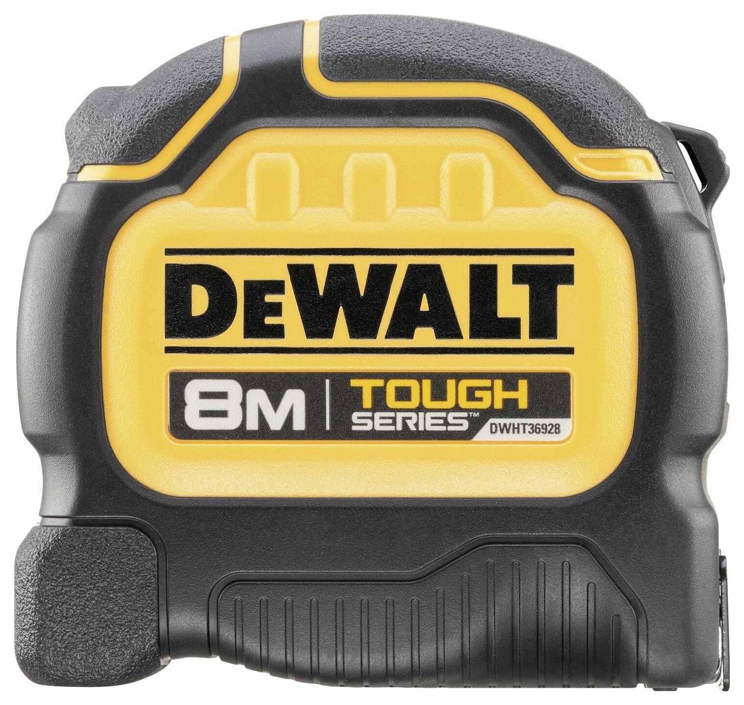 Un mètre ruban robuste DeWalt, long de 8 mètres, de la série Tough, en noir et jaune.