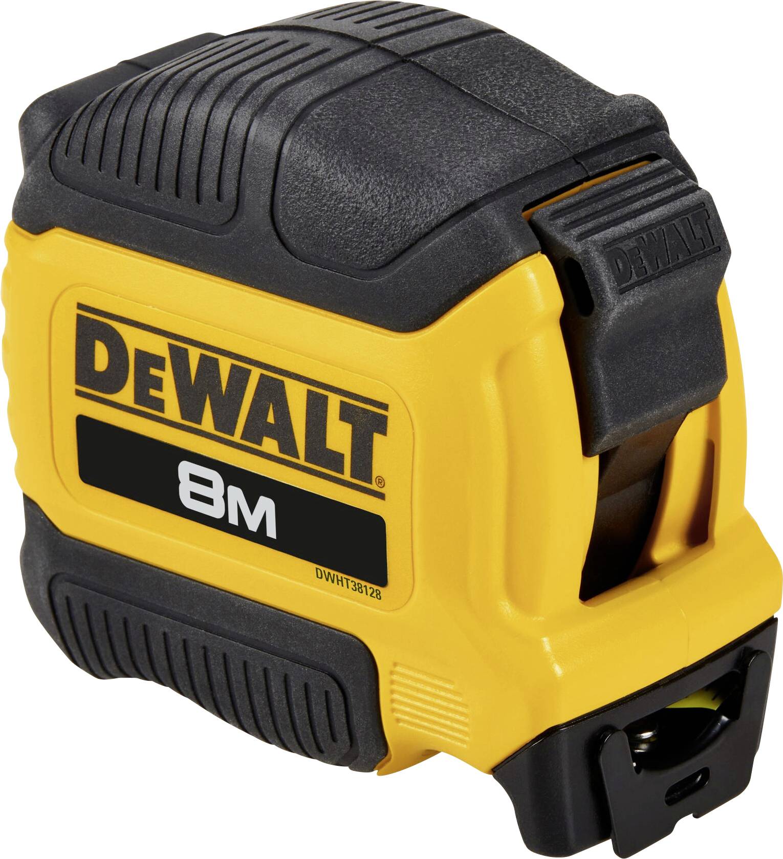 Mètre ruban jaune et noir de la marque DeWalt, d'une longueur de 8 mètres, au design robuste et à l'échelle facilement lisible sur sa face avant.