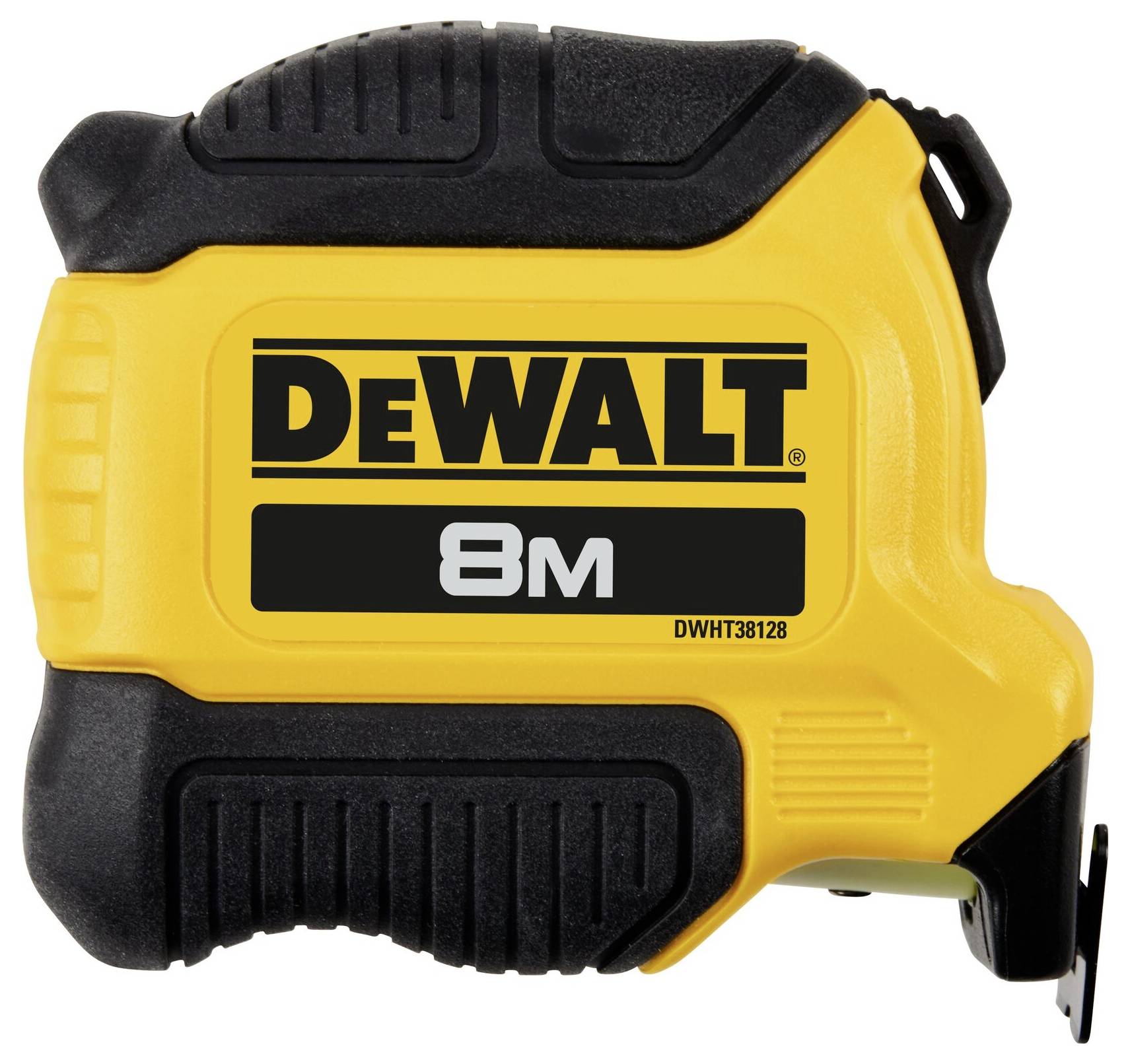 Ruban à mesurer jaune et noir avec l'inscription 'DEWALT 8M'.