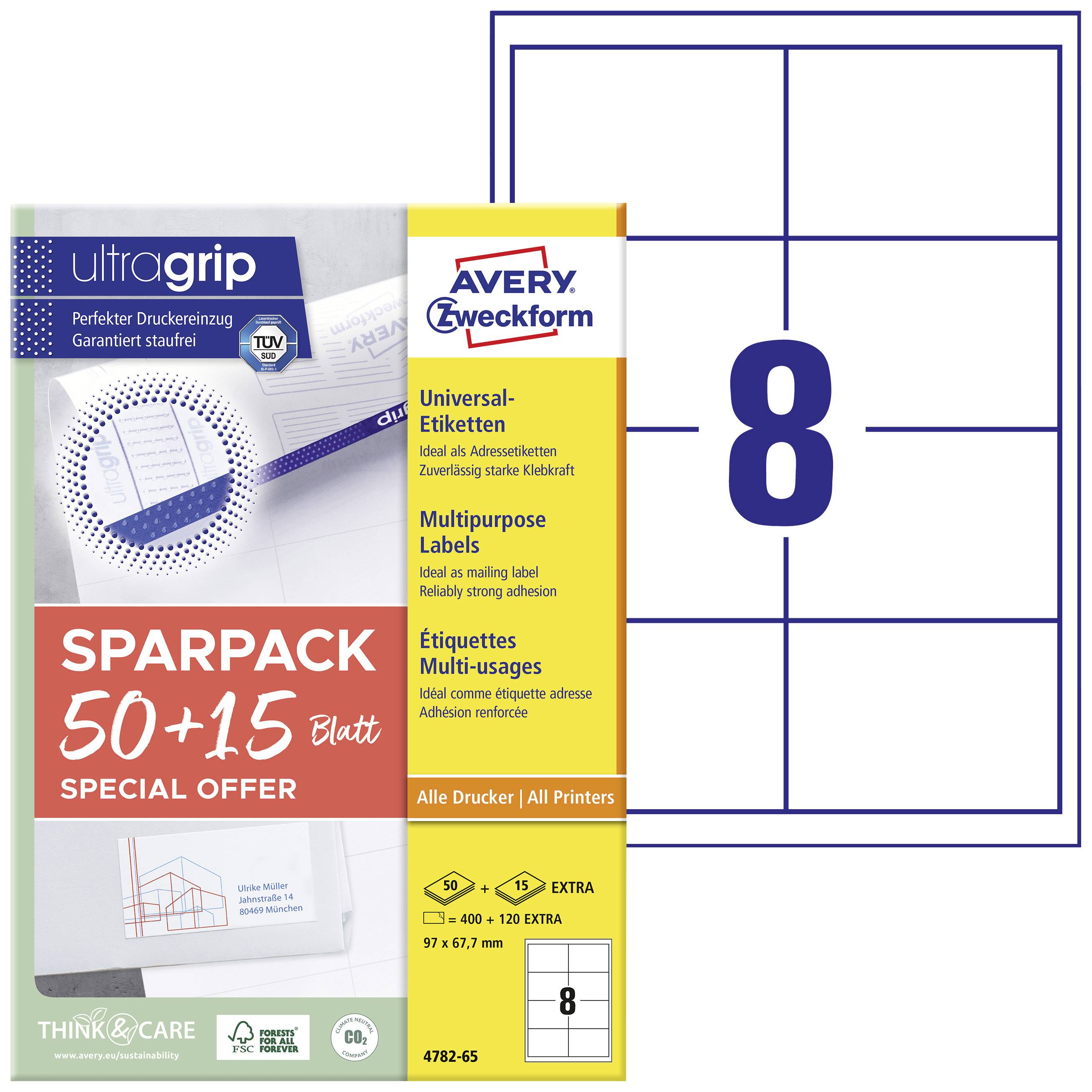 Pack d'étiquettes 'Sparpack', 50+15 feuilles, étiquettes universelles pour toutes les imprimantes, 8 étiquettes par feuille représentées.