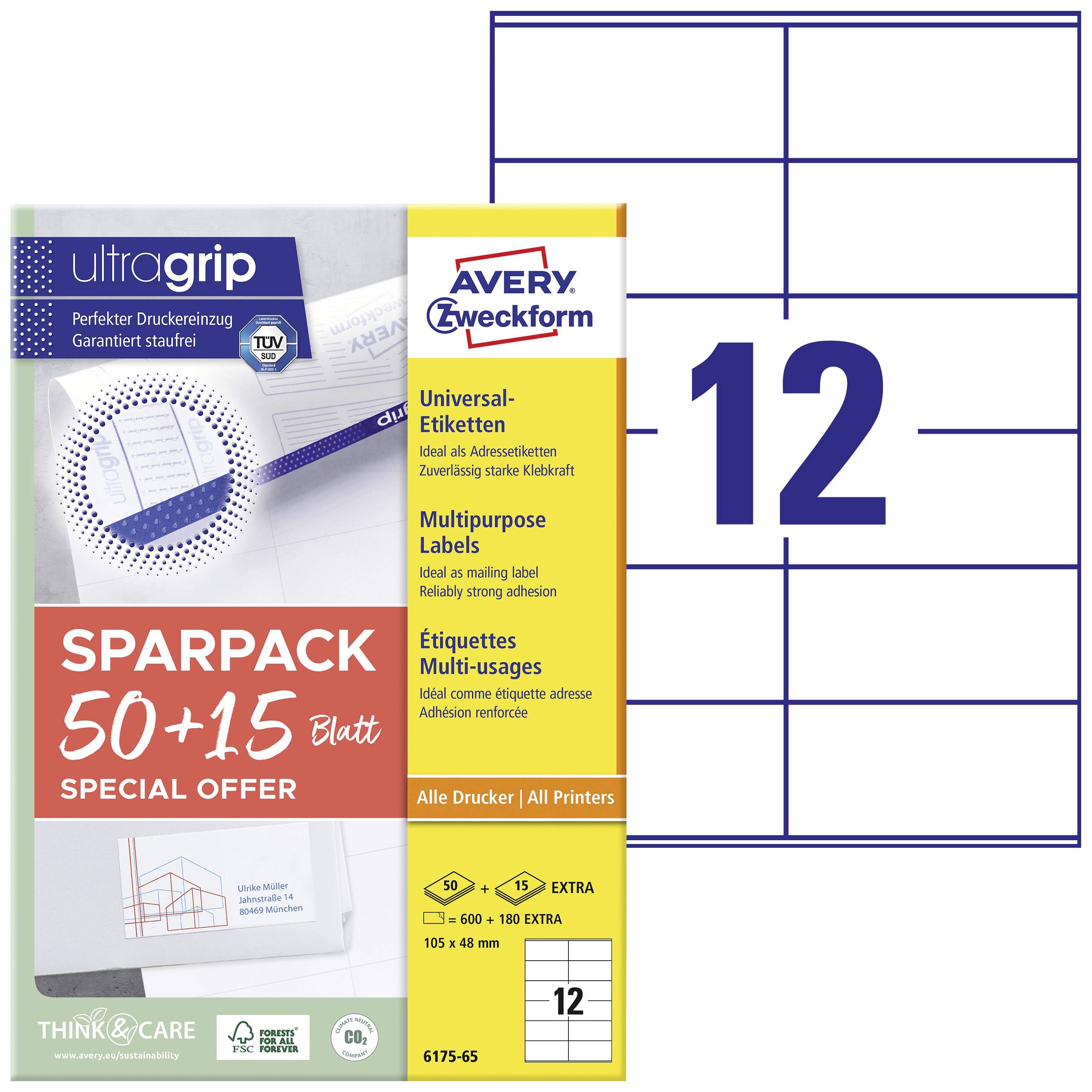 Modèle d'étiquettes Avery, lot économique de 50+15 feuilles. Taille 12 sur le côté droit. Compatible avec toutes les imprimantes.