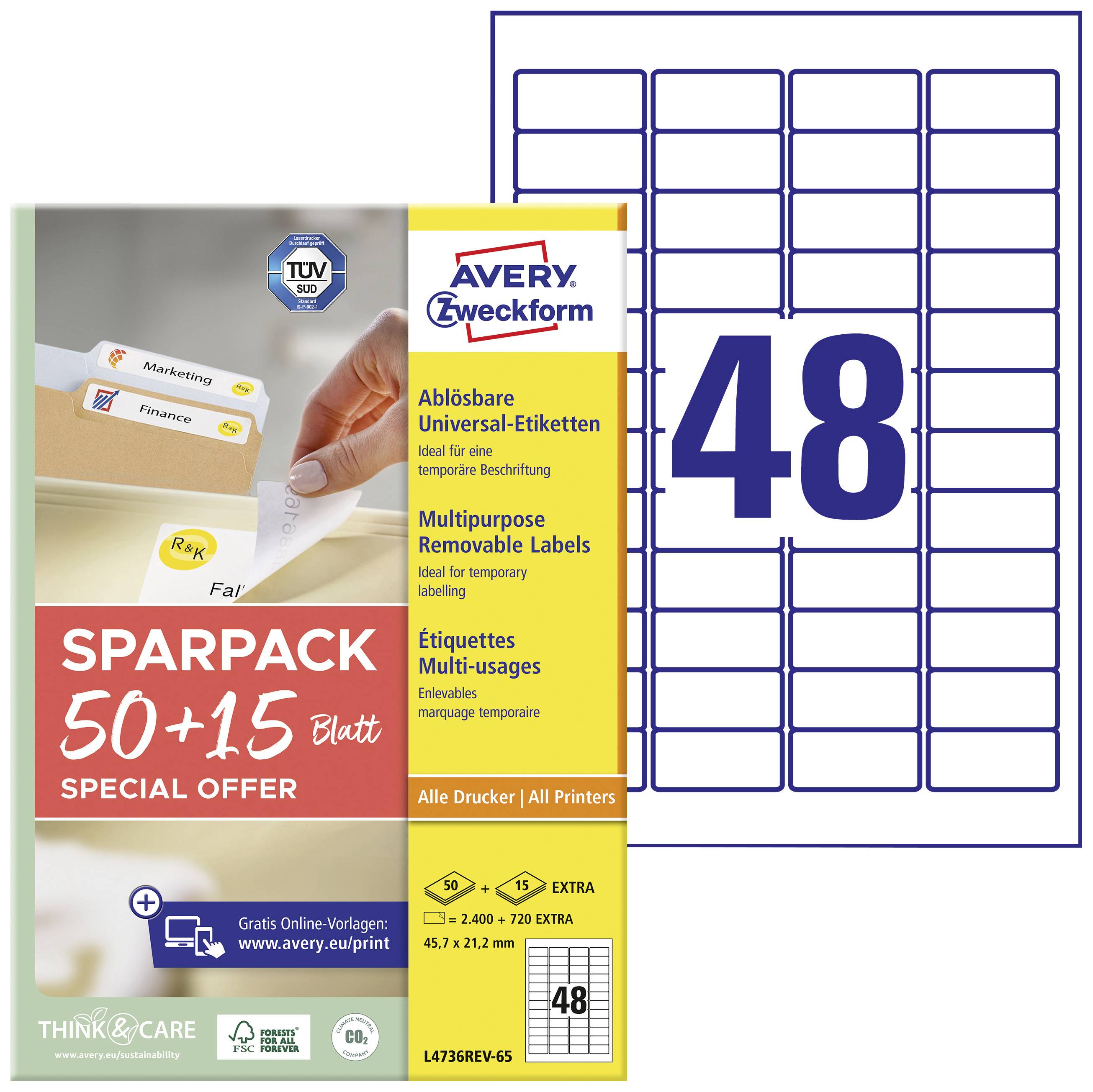 'Sparpack 50+15 feuilles', étiquettes autocollantes, Avery Zweckform. Encre, laser noir et blanc, laser couleur, photocopieur. 48 étiquettes par feuille.