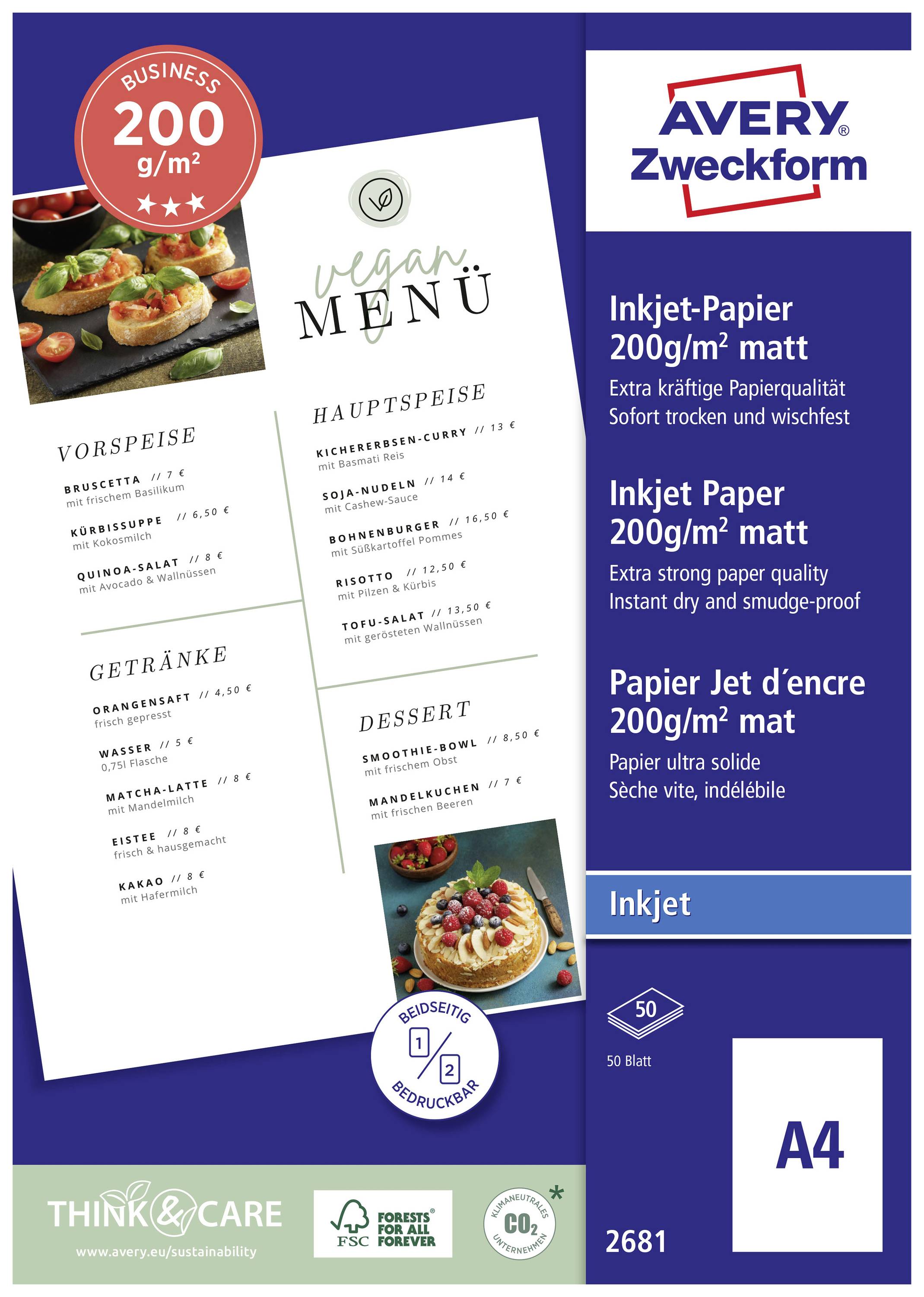 Menu Végétalien avec catégories : Entrées, Plat principal, Boissons, Dessert. Suggestions illustrées avec liste des ingrédients. Papier Avery Zweckform 200 g/m².