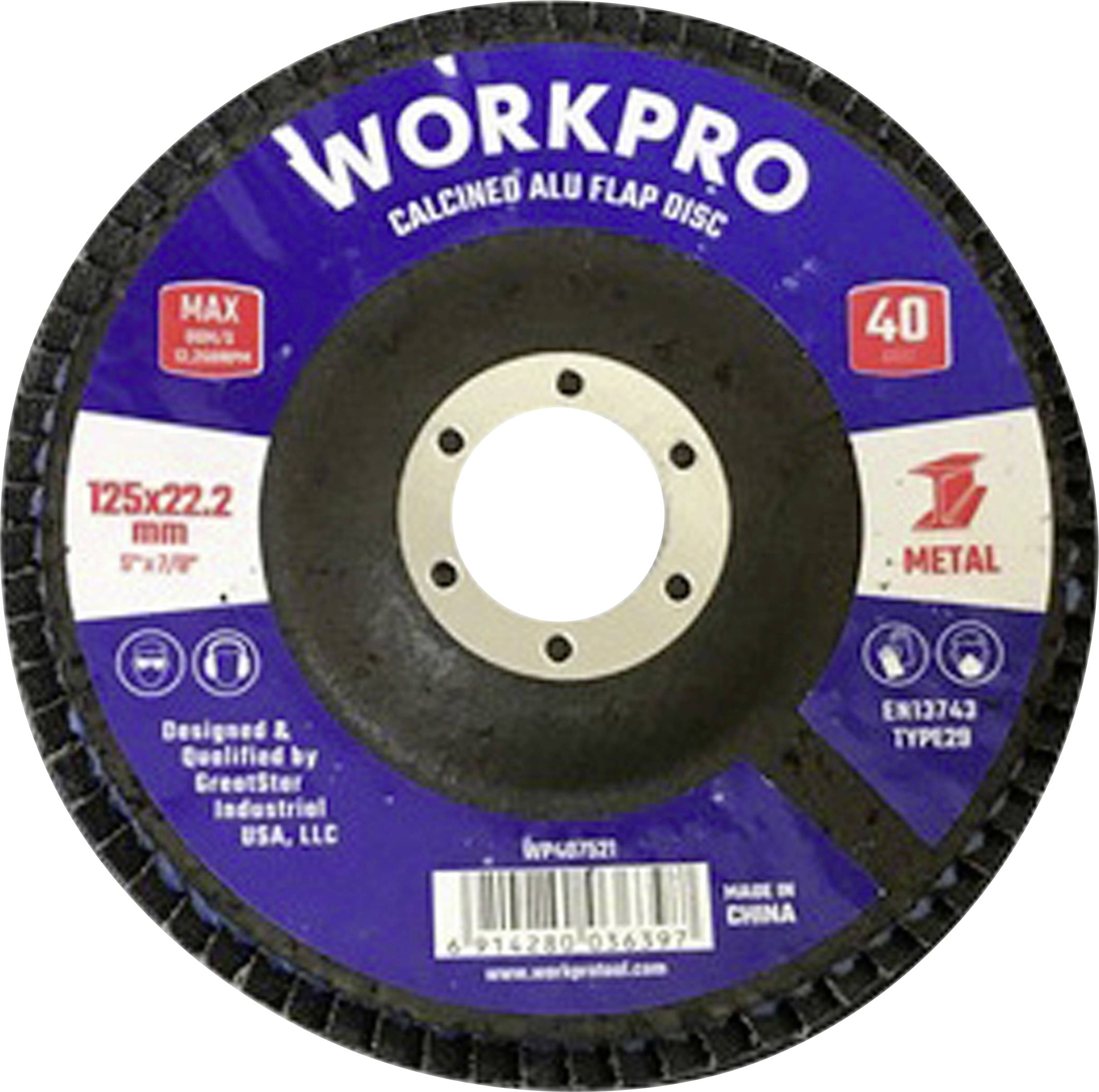 Disque abrasif 'WORKPRO' en oxyde d'aluminium, diamètre 125x22,2 mm, adapté pour l'usinage des métaux. Vitesse maximale 13 300 tr/min.