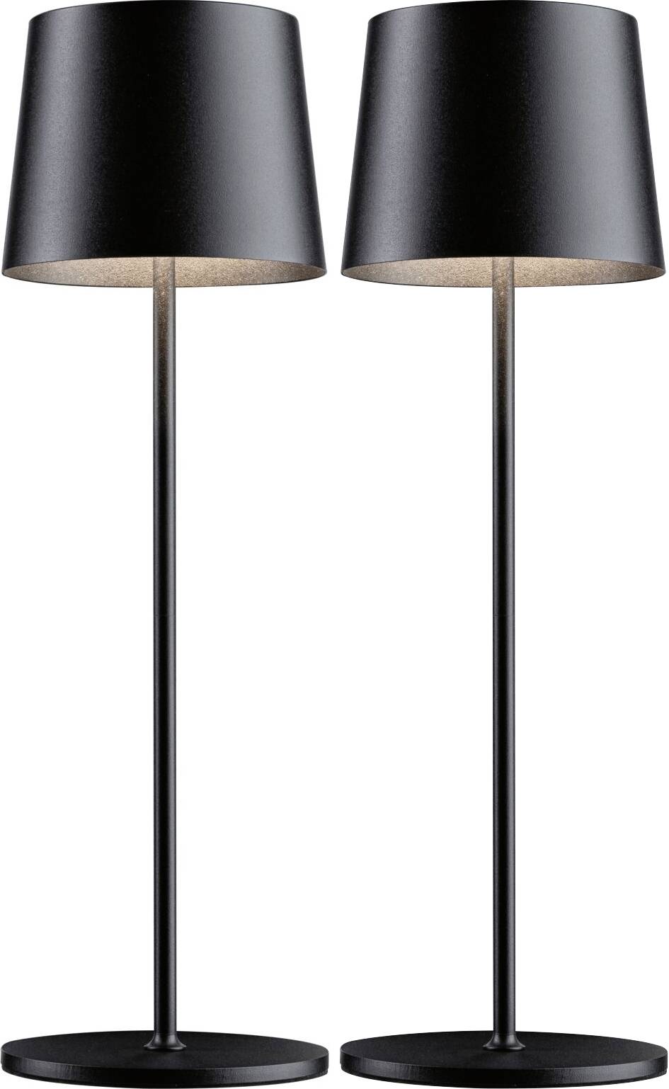 Deux lampadaires noirs avec abat-jour conique, placés côte à côte sur un socle noir.