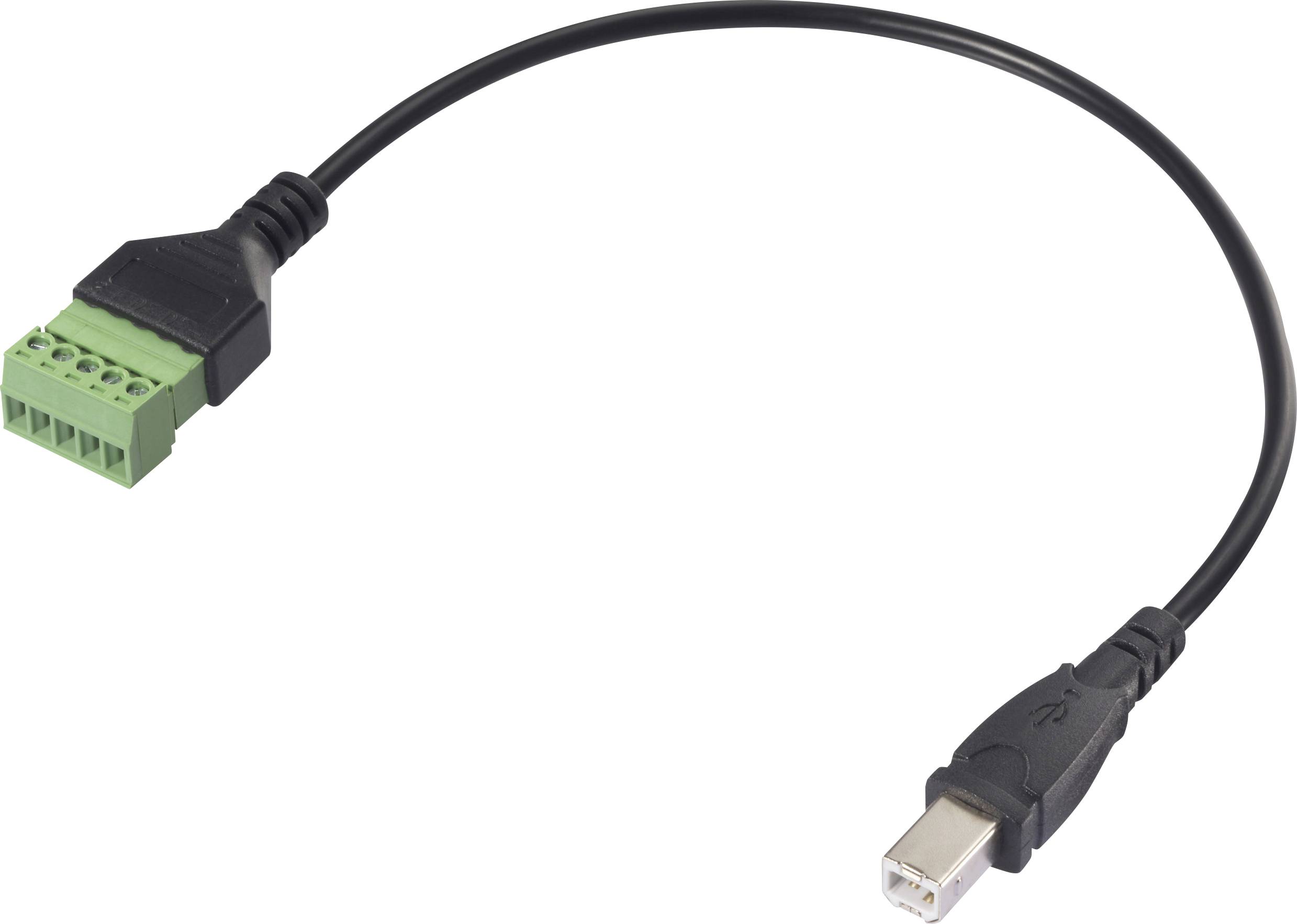 Un câble noir avec une fiche USB à une extrémité et une fiche multipolaire verte à l'autre extrémité sur un fond blanc.