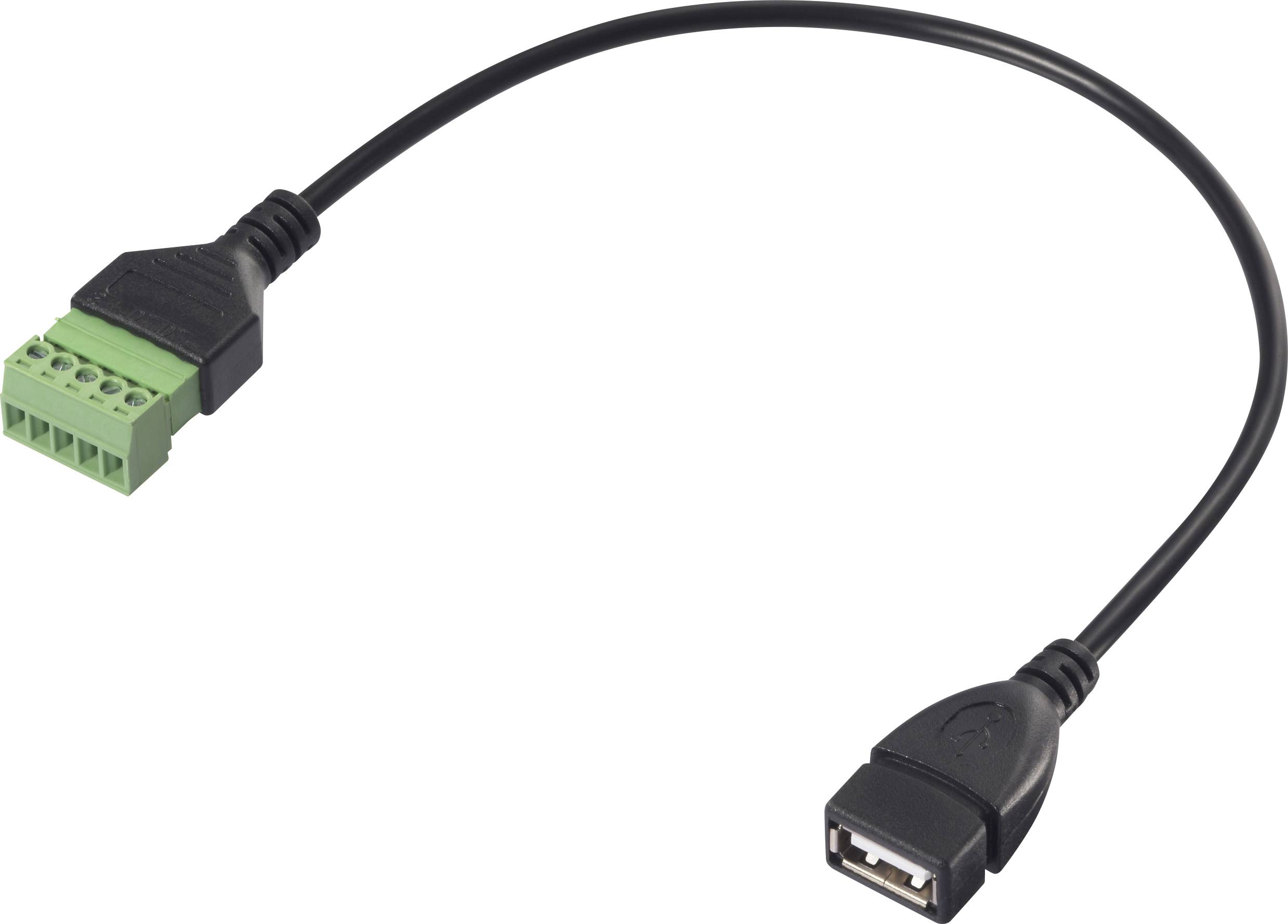 Un adaptateur de câble USB avec une connexion USB-A à une extrémité et un bornier à vis vert à l'autre extrémité.