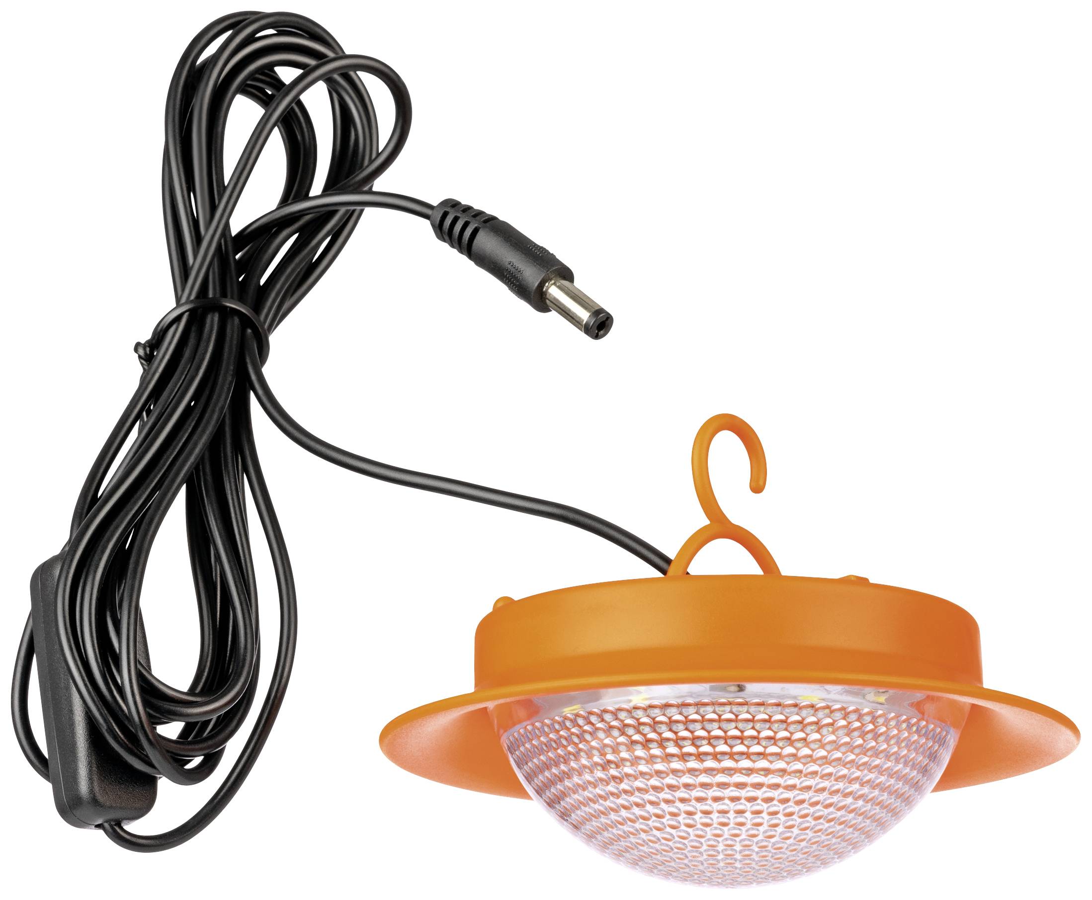 Lampe LED orange avec câble noir et crochet, adaptée pour le camping ou les activités de plein air.
