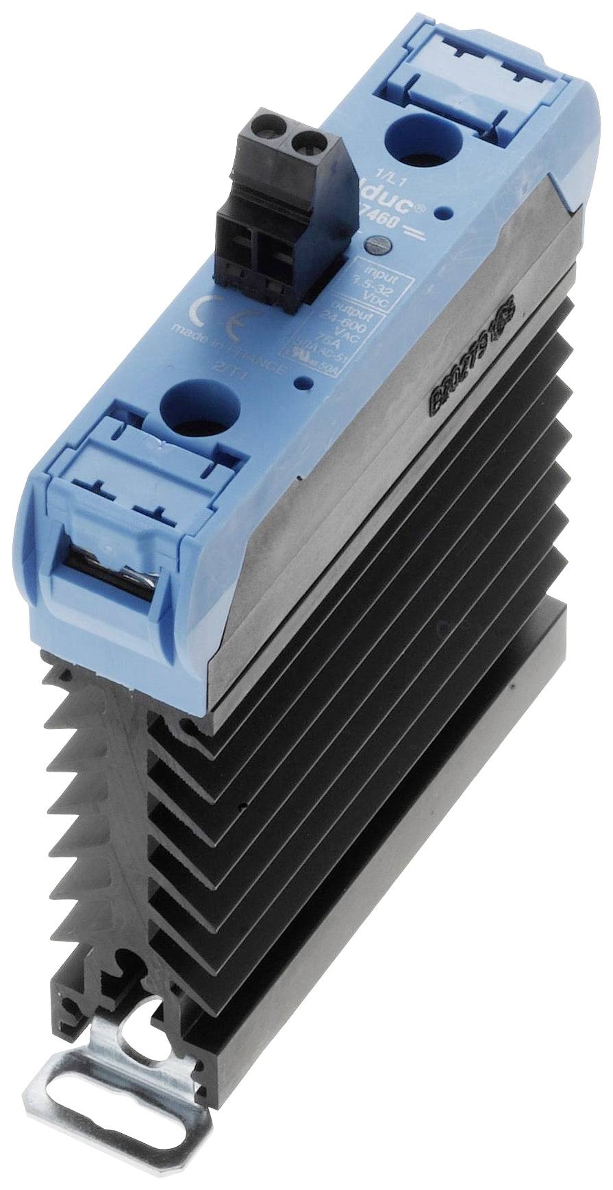 Relais électrique avec partie supérieure bleue et ailettes de refroidissement. Utilisé dans les commandes industrielles pour commuter des courants élevés.