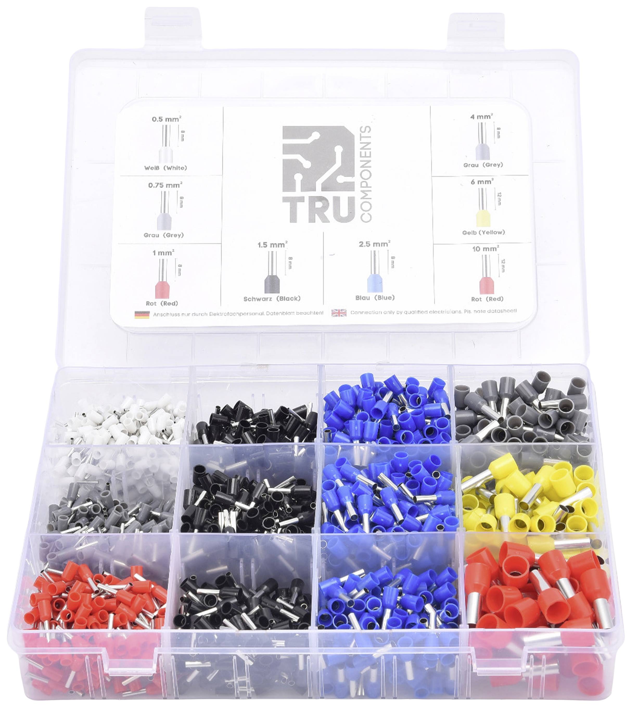 Une boîte d'assortiment contenant des embouts de câble isolés de différentes couleurs et tailles, rangés dans des compartiments séparés.