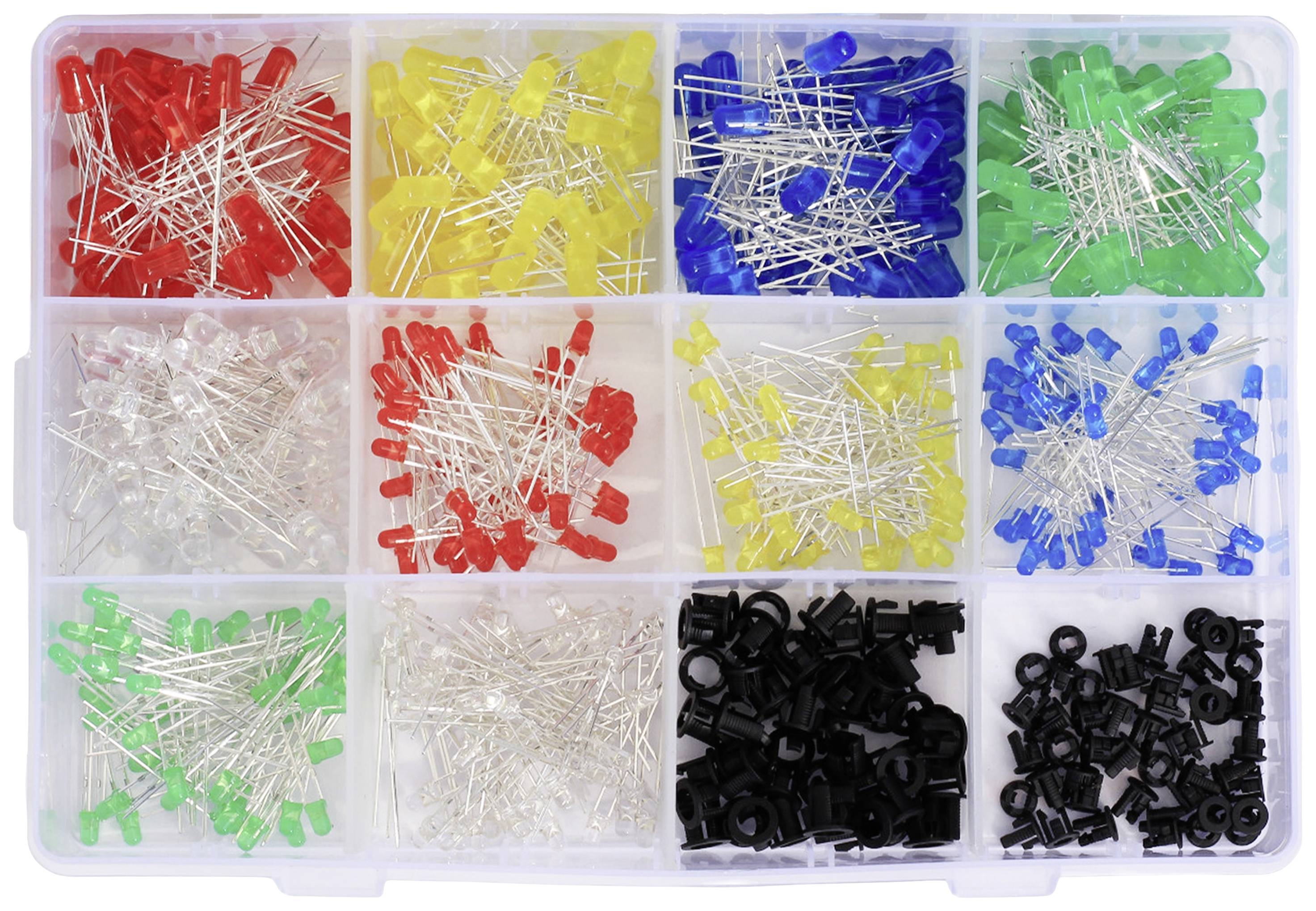 Différentes LED de couleurs et éléments en plastique noir dans un bac de rangement. Chaque couleur dispose de son propre compartiment.