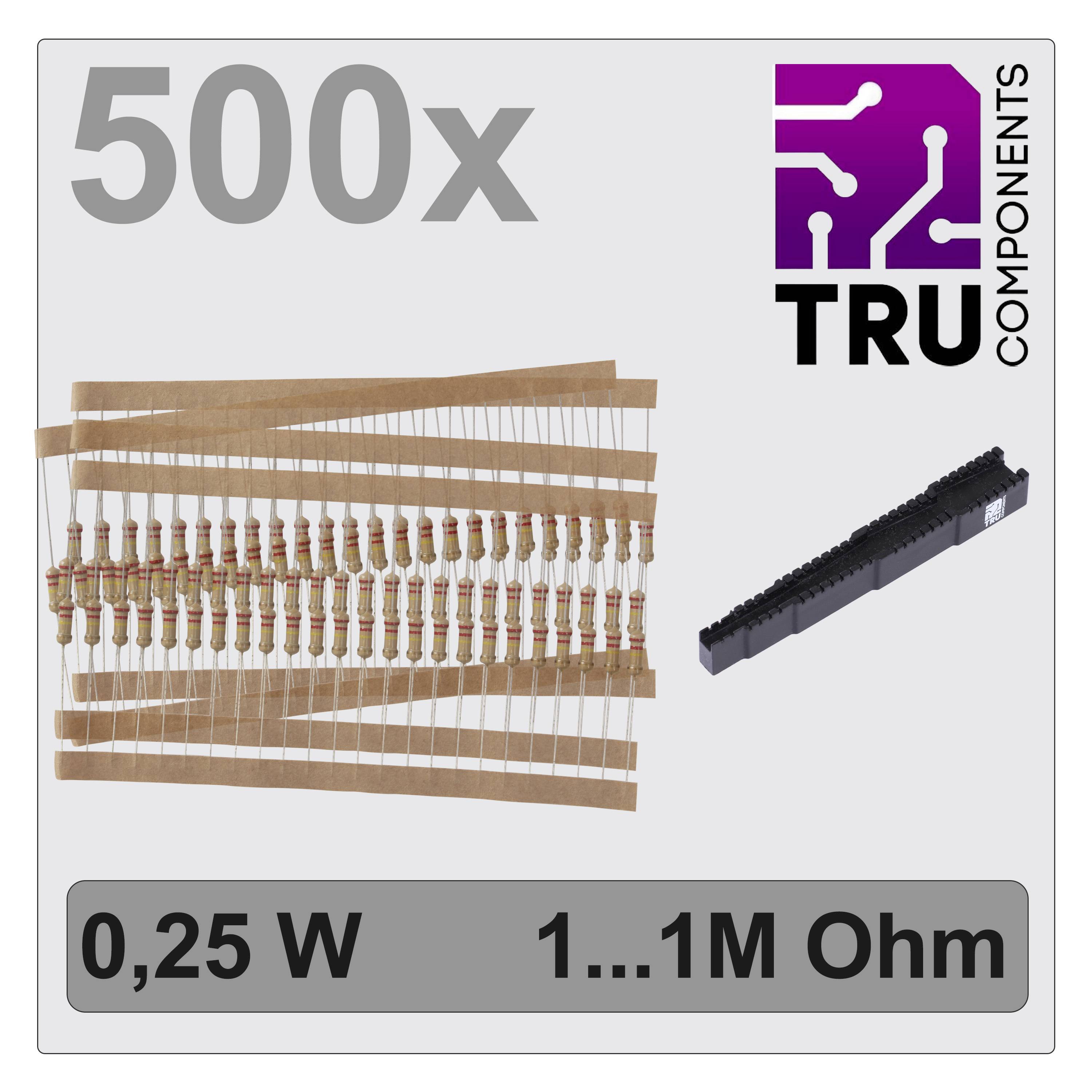 Ensemble de 500 résistances, puissance 0,25 W, plage de résistance de 1 à 1M Ohm, marque TRU COMPONENTS. Illustré : résistances sur bandes.