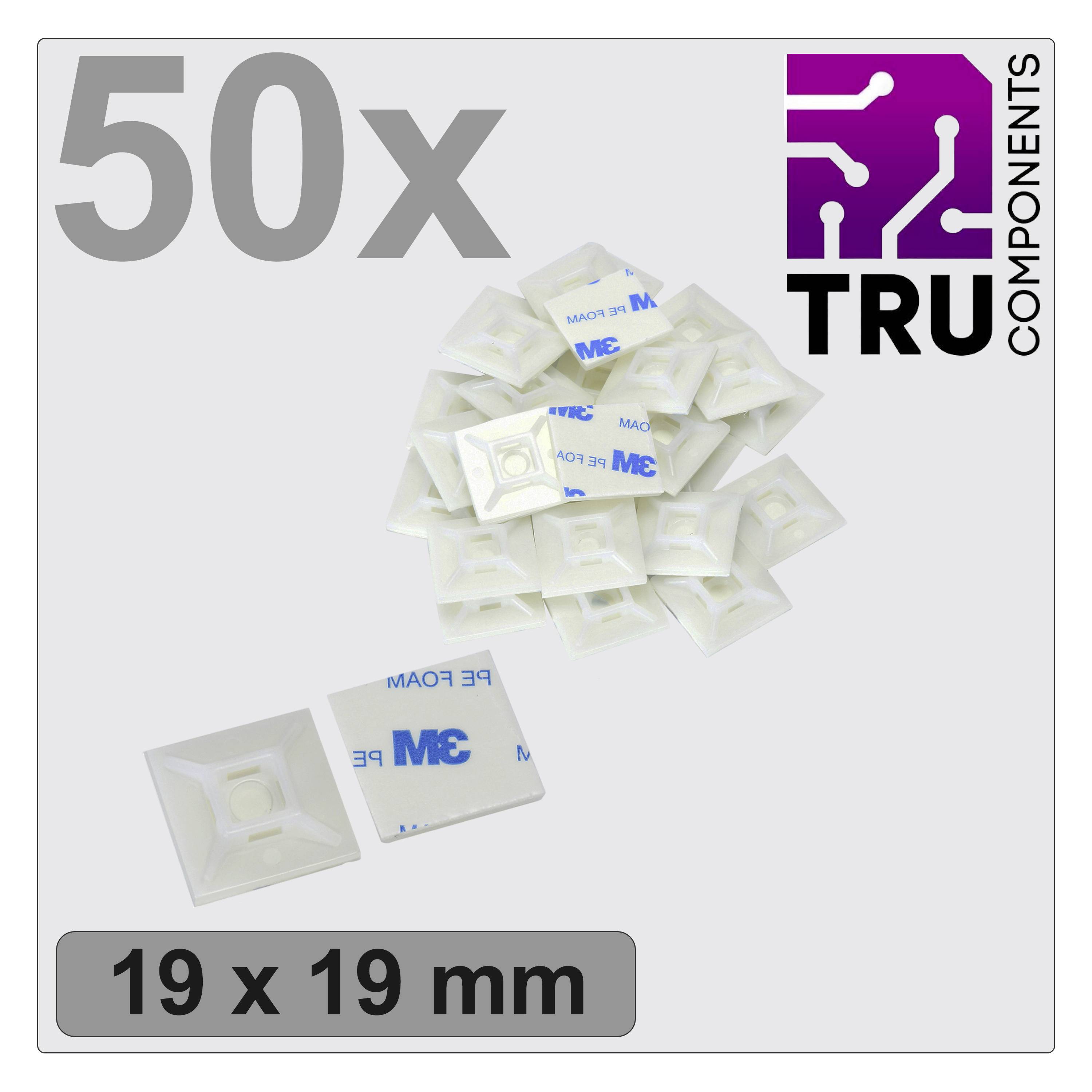 50 supports adhésifs pour câbles, 19 x 19 mm, présentés à côté du logo TRU Components.