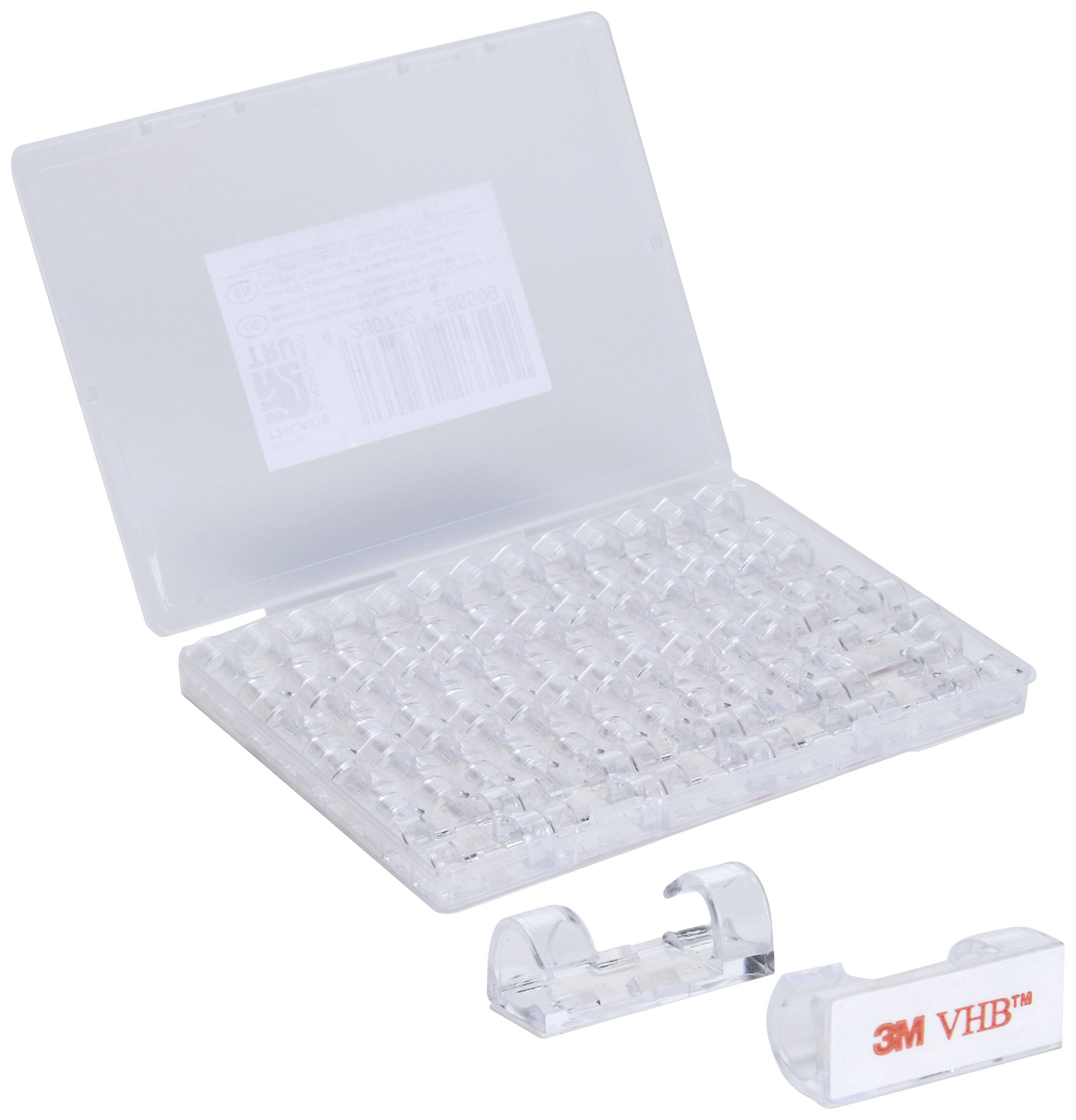 Emballage en plastique ouvert avec crochets adhésifs transparents de la marque '3M VHB', adapté pour fixer des objets aux murs.