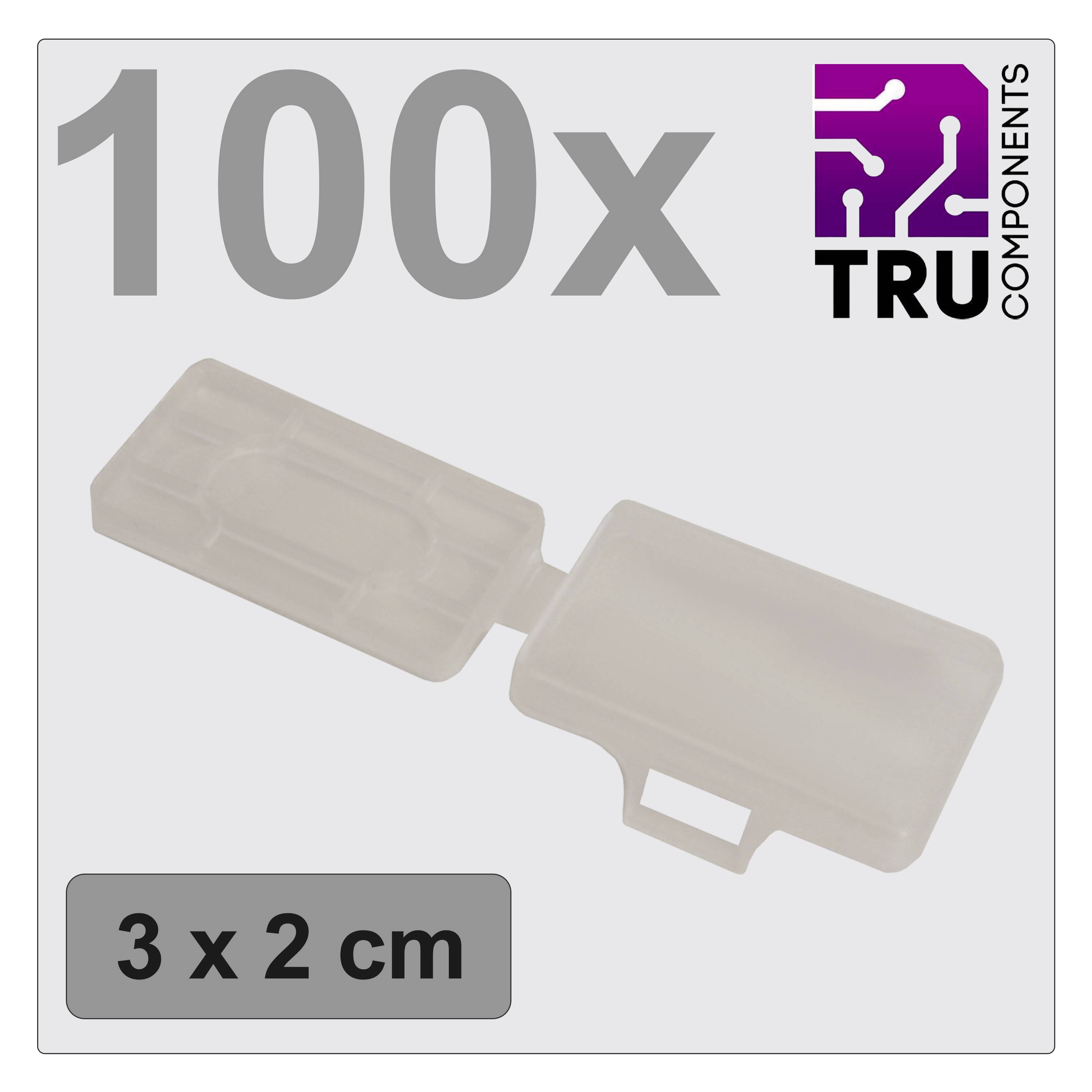 Sur l'image sont représentés 100 boîtiers en plastique transparents, de taille 3 x 2 cm, de la marque TRU Components.