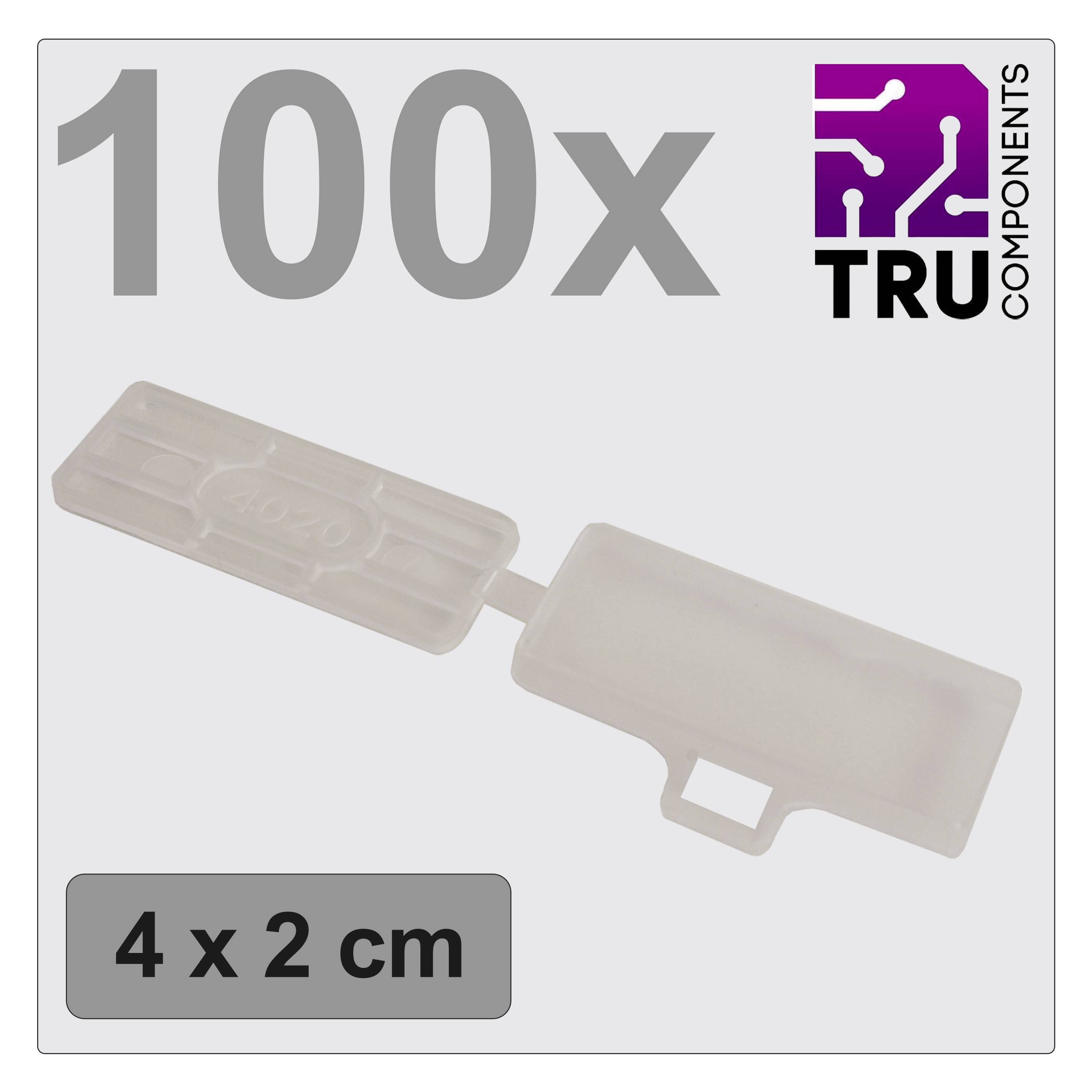 100 boîtiers en plastique transparents. Taille : 4 x 2 cm. Logo de marque TRU Komponenten en haut à droite.