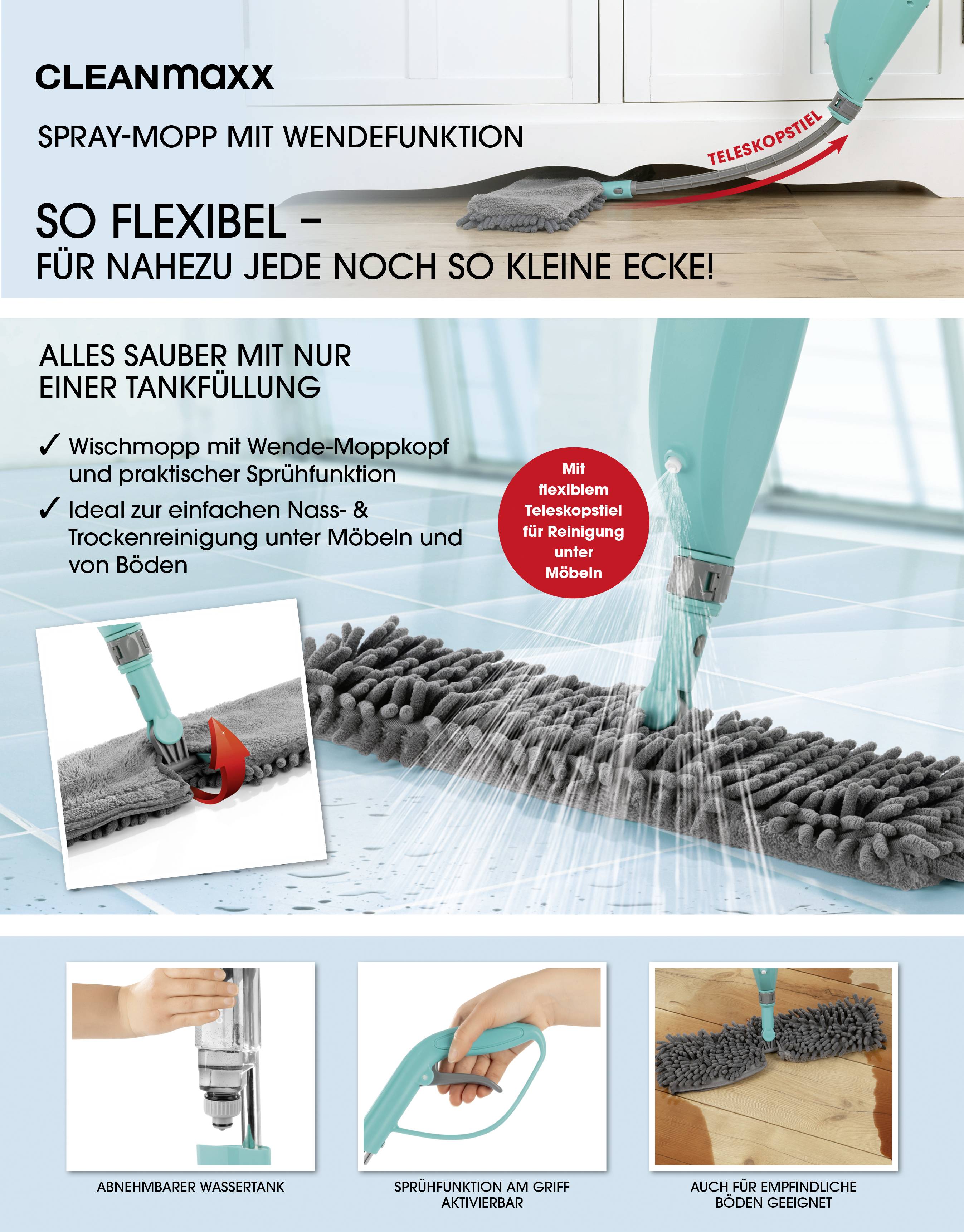 Publicité pour la serpillière à vaporisation 'Cleanmaxx' montrant différentes fonctionnalités : manche télescopique flexible, balai pivotant, réservoir d'eau.