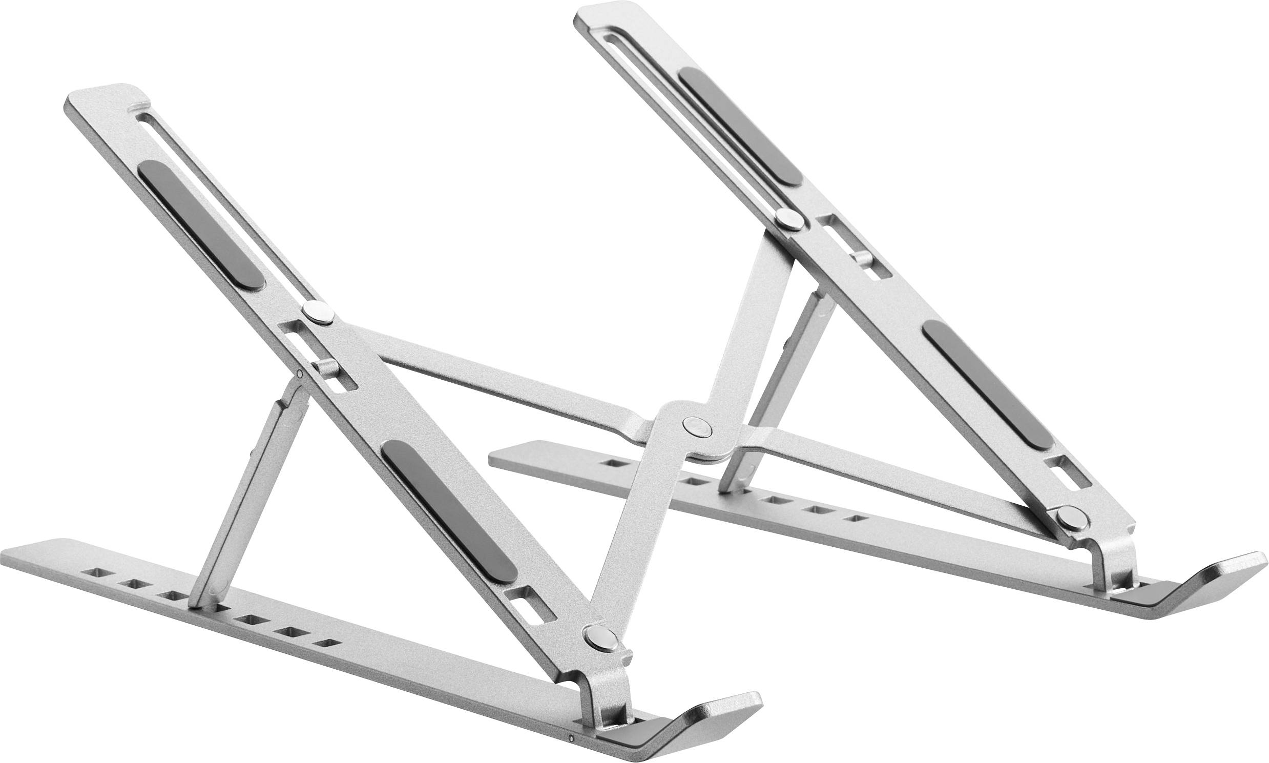 Un support de laptop ajustable en argent avec plusieurs rainures pour l'ajustement de la hauteur, conçu pour améliorer la circulation d'air et l'ergonomie pendant l'utilisation.