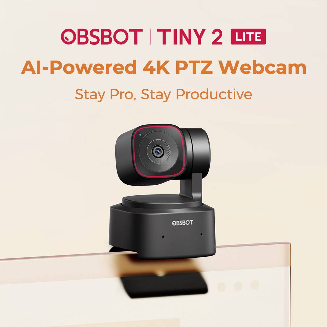 'OBSBOT Tiny 2 Lite', une webcam PTZ 4K pilotée par IA, positionnée au-dessus d'un écran. Texte : 'Restez Pro, Restez Productif'.