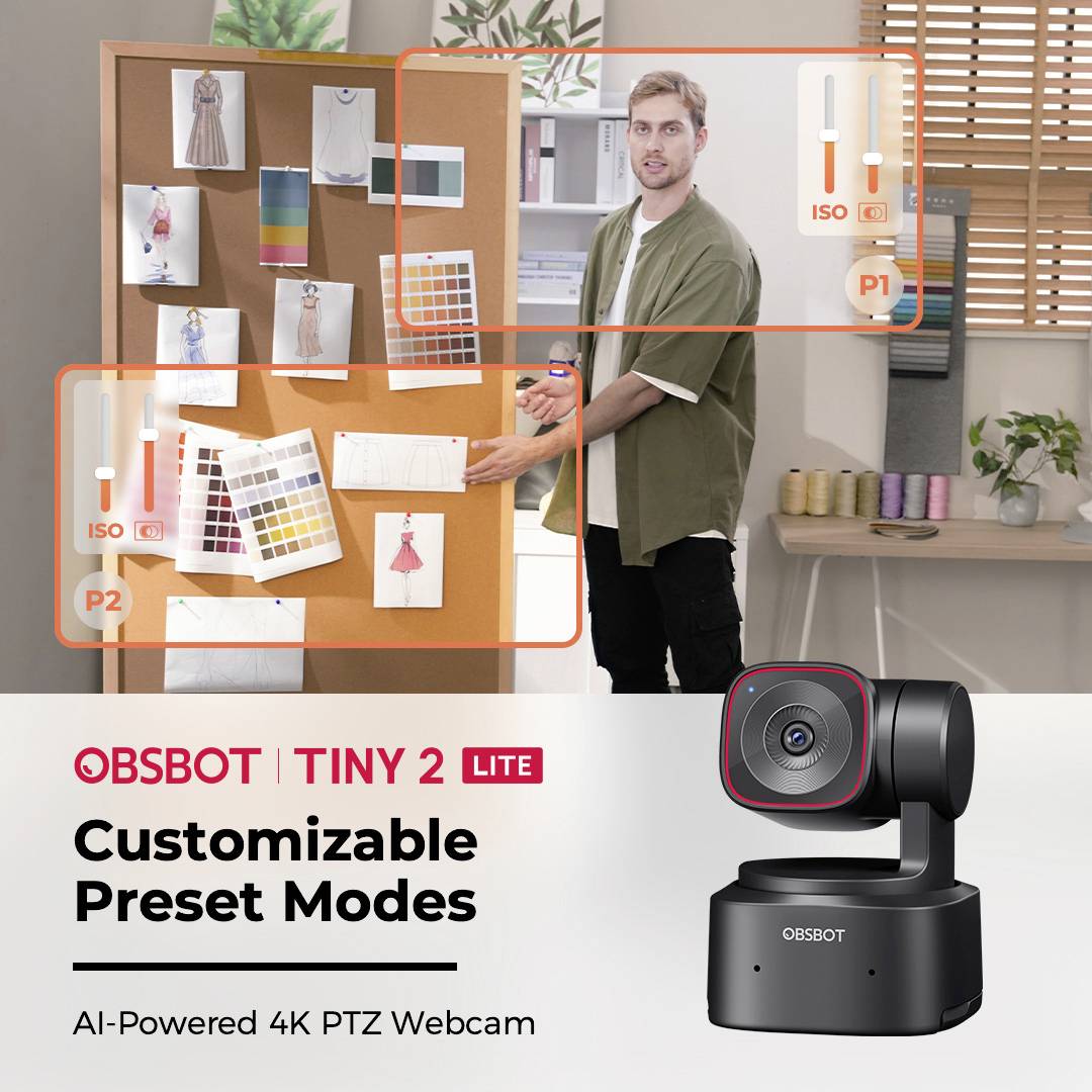 Un homme pointe des échantillons de couleurs sur un tableau de liège. Texte sur l'image : « OBSBOT Tiny 2 Lite, Modes Prédéfinis Personnalisables, Webcam PTZ 4K Alimentée par IA »