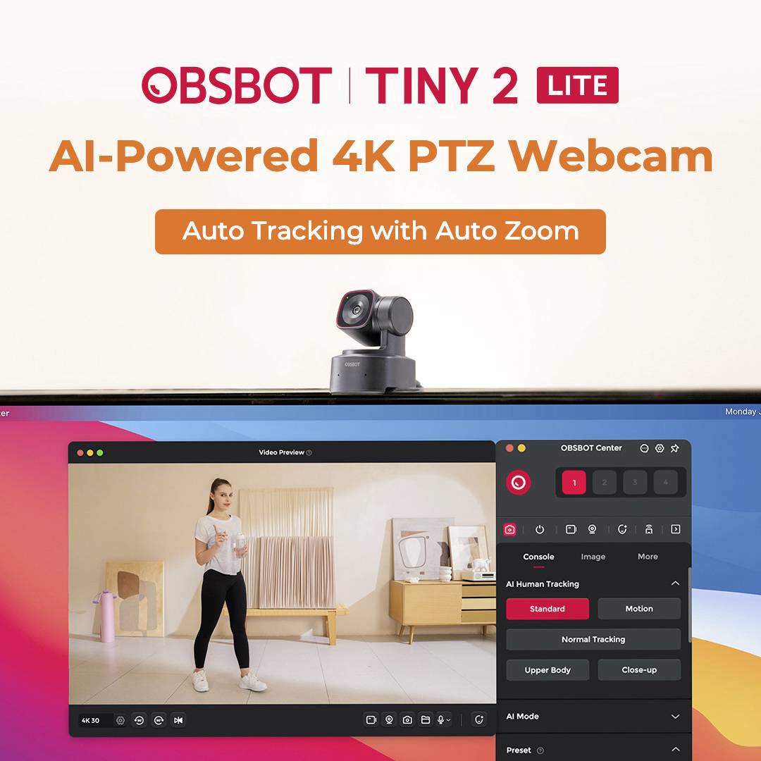 L'image présente une publicité pour la webcam 4K PTZ OBSBOT Tiny 2 Lite avec suivi et zoom automatiques. Au premier plan, une femme s'adonne à une activité sportive.