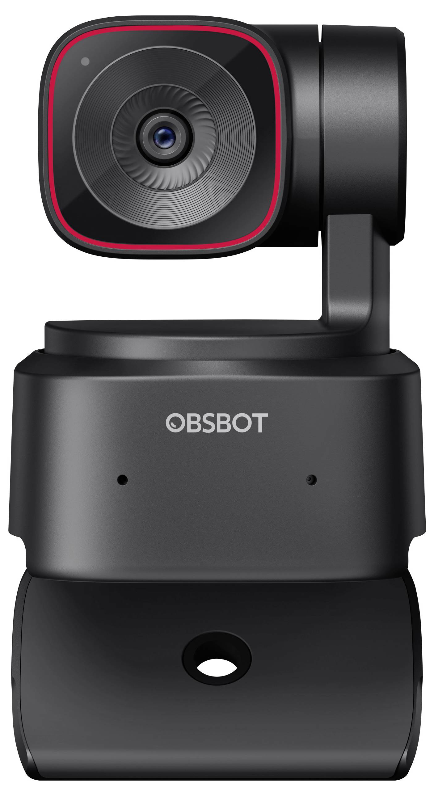 Webcam compacte noire sur un socle rotatif, adaptée aux enregistrements vidéo ou aux vidéoconférences.