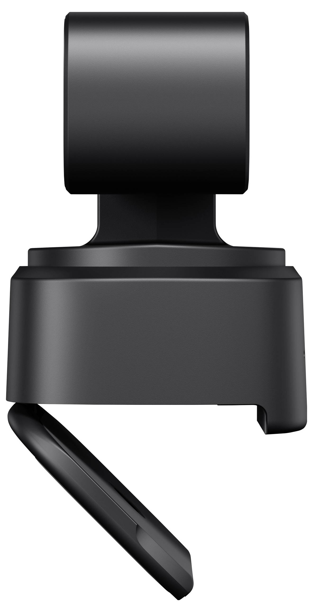 Webcam noir et gris avec tête rotative. Elle présente un design moderne et minimaliste, pouvant être montée sur une table ou un écran.