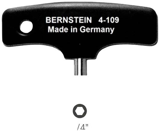 Poignée en T portant l'inscription « BERNSTEIN 4-109 Made in Germany », avec un embout hexagonal en dessous. Outil destiné aux travaux de précision.