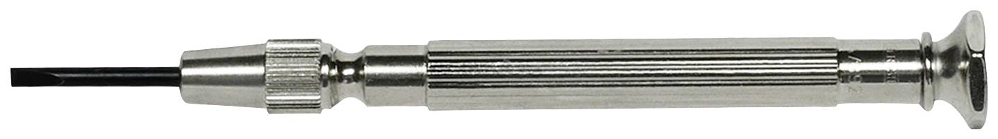 Petit tournevis avec manche strié et pointe plate, fabriqué en métal. Idéal pour des travaux précis sur des appareils électroniques.