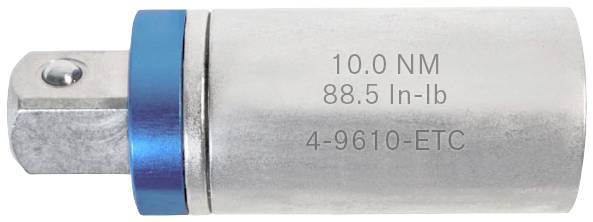 Un adaptateur avec un contour bleu, gravé avec '10.0 NM, 88.5 In-lb, 4-9610-ETC', est dressé devant un fond blanc.