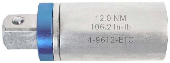 Adaptateur à embout carré et bordure bleue. Gravure : '12.0 NM, 106.2 In-lb, 4-9612-ETC'. Accessoire d'outil pour le réglage du couple.