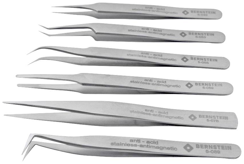 Six pinces à épiler de précision différentes en acier inoxydable, de formes variées pour des travaux délicats, toutes antimagnétiques et résistantes aux acides.