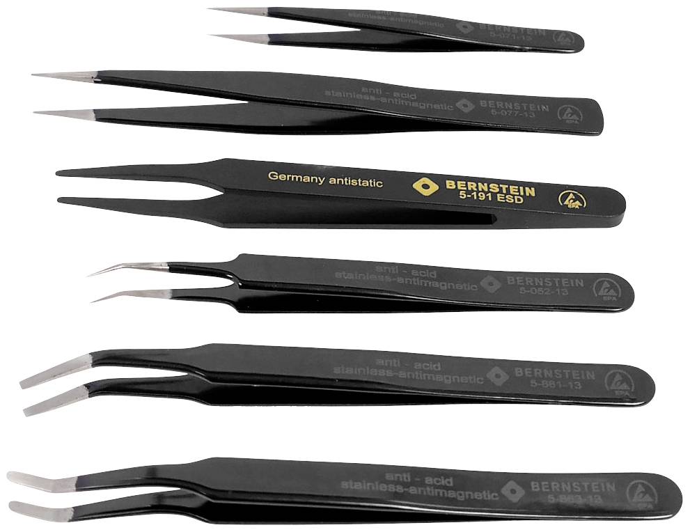 Huit pinces brucelles de précision noires de différentes formes et tailles, chacune dotée de propriétés antistatiques et inoxydables.