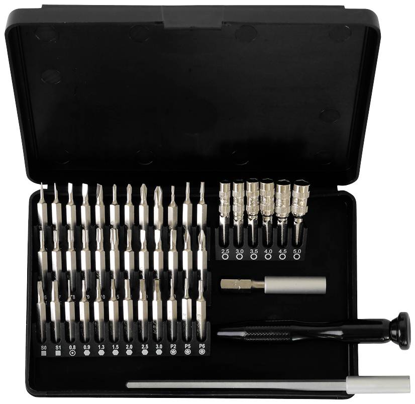 Un ensemble de embouts de tournevis de différentes tailles dans un coffret noir ouvert, avec une poignée et un support magnétique pour embouts.