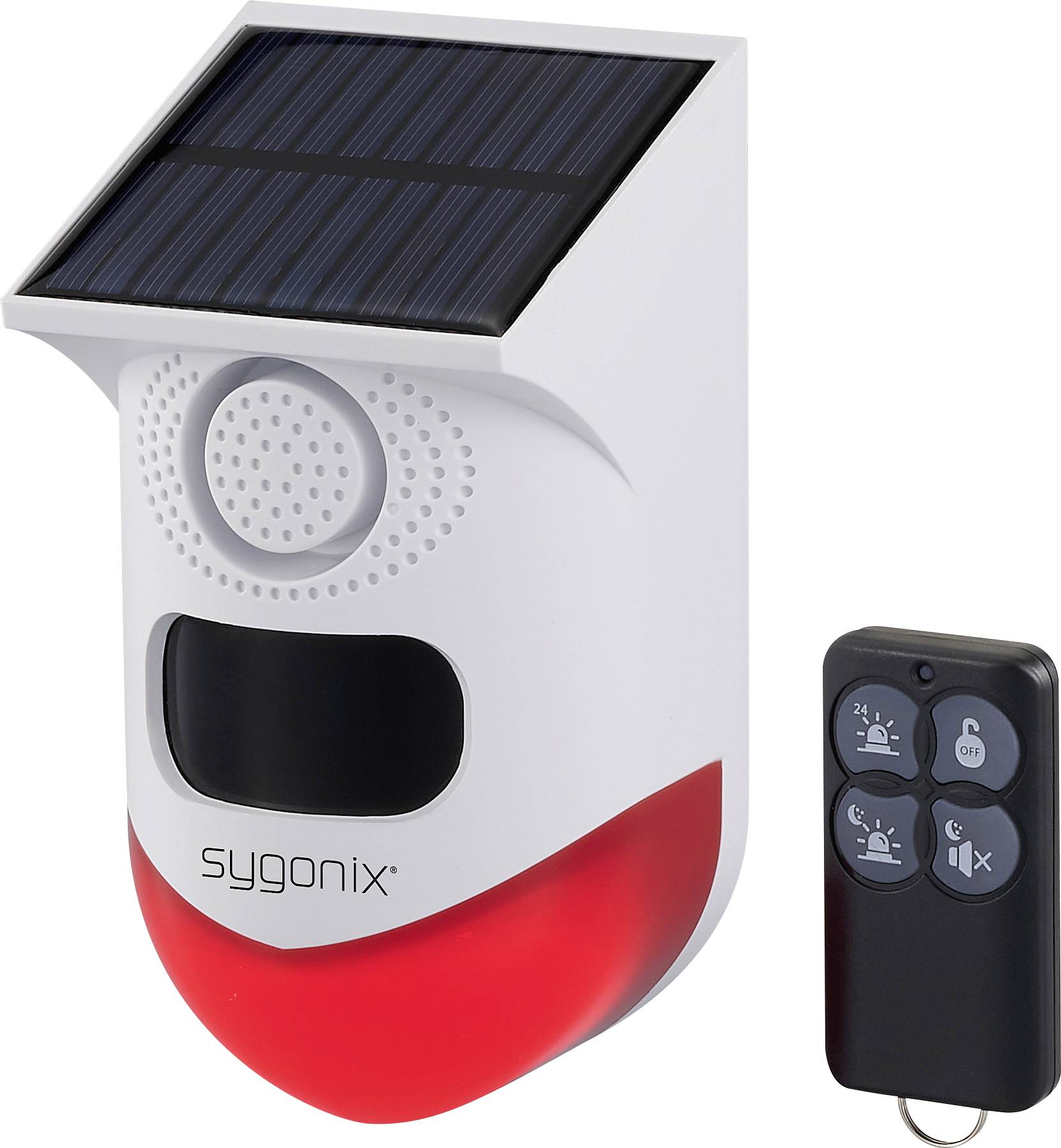 Caméra de sécurité solaire avec détecteur de mouvement, lumière rouge et télécommande. Idéale pour la surveillance extérieure.