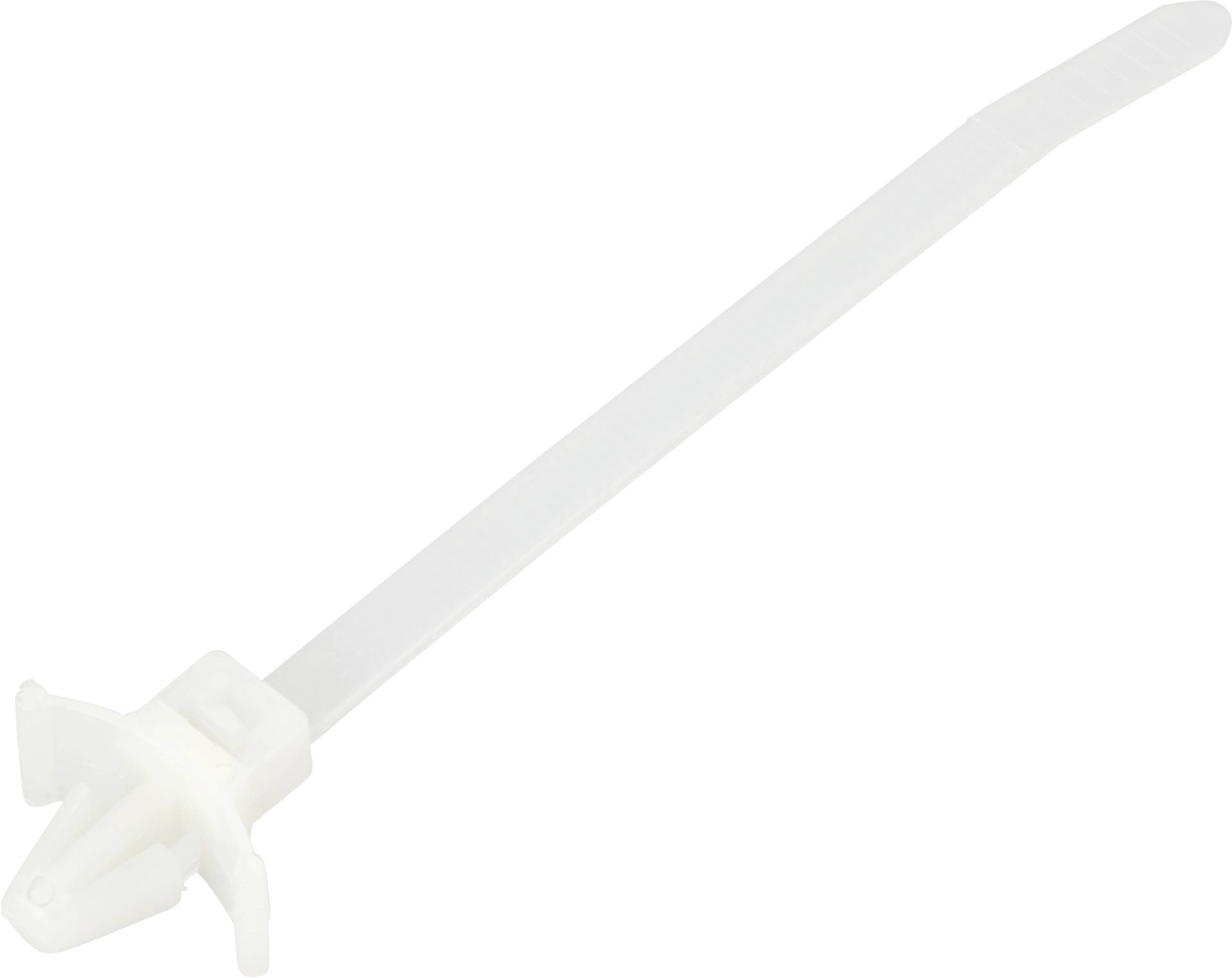 Un collier de serrage blanc avec système de verrouillage et à extrémité effilée est posé sur une surface neutre.