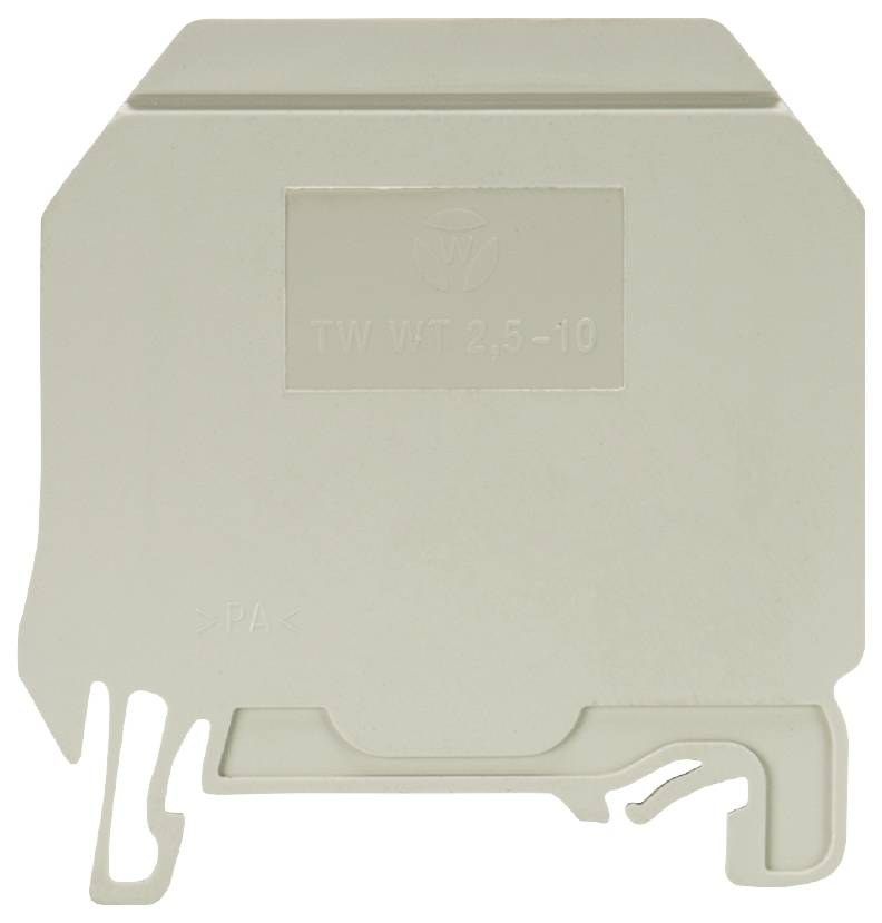 Embout de connexion gris en plastique pour bornes. Numéro de modèle TW WT 2,5-10 visible sur la surface.