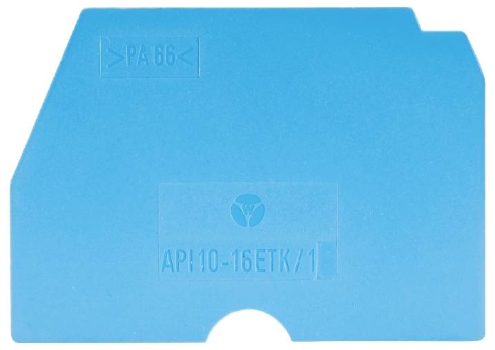 Pièce rectangulaire en plastique bleu portant l'inscription 'PA66' et 'API0-16ETK/1', avec un petit renfoncement dans un coin.
