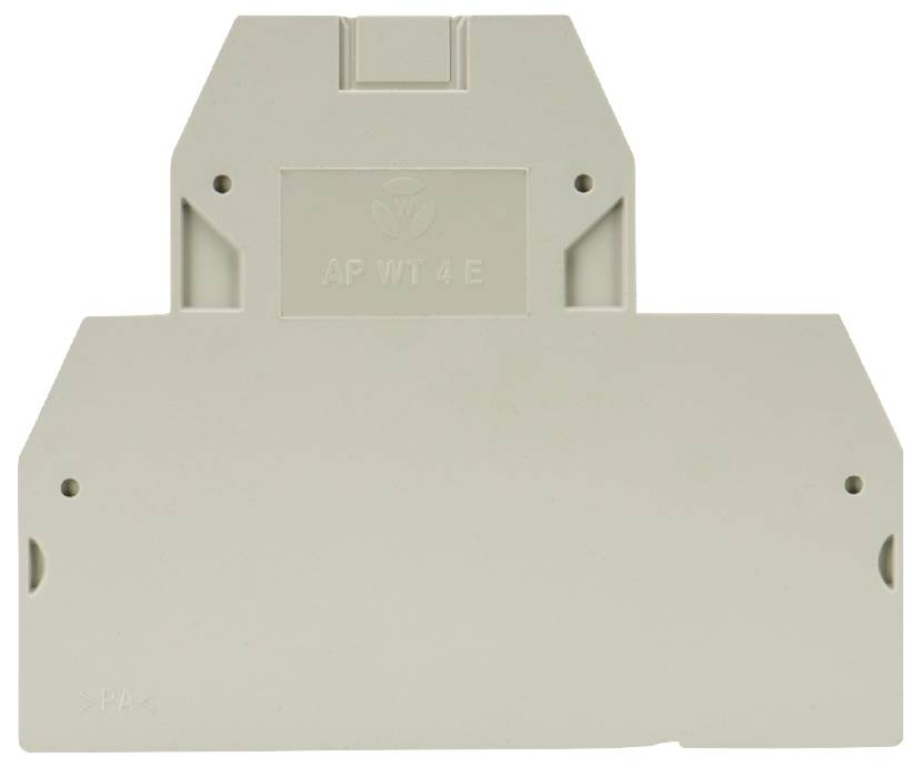Un boîtier en plastique blanc portant l'inscription 'AP WT 4 E' au centre, probablement un composant d'un interrupteur électrique ou d'un élément de connexion.