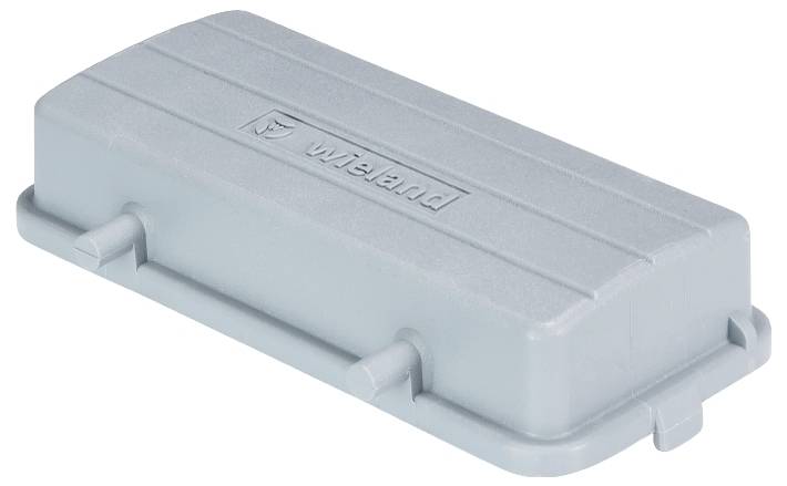 Boîtier rectangulaire gris en plastique portant le logo 'Wieland', avec des coins arrondis et des supports latéraux.
