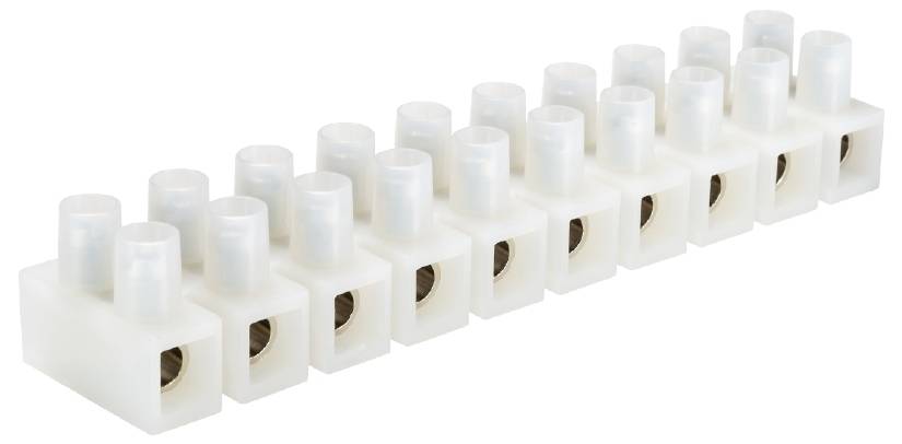 Barrette de connexion blanche multibornes, utilisée pour connecter de manière sécurisée des fils électriques.