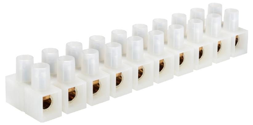 Barrette de connexion blanche à 12 bornes en plastique, adaptée pour les connexions électriques.