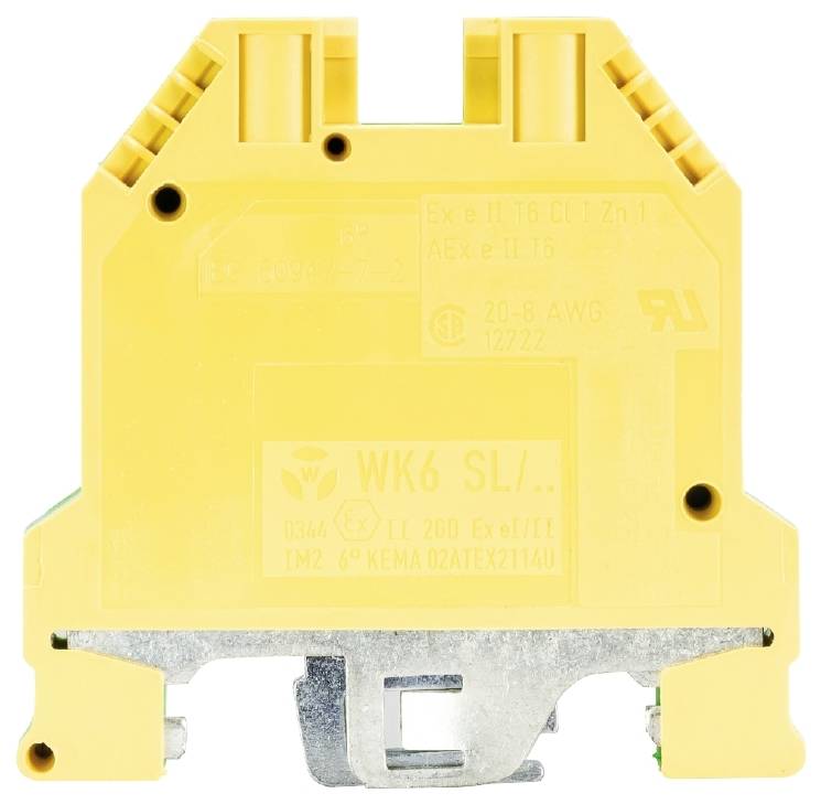 Module de connexion électrique jaune, forme rectangulaire avec spécifications techniques sur la face avant. Adapté aux applications industrielles.