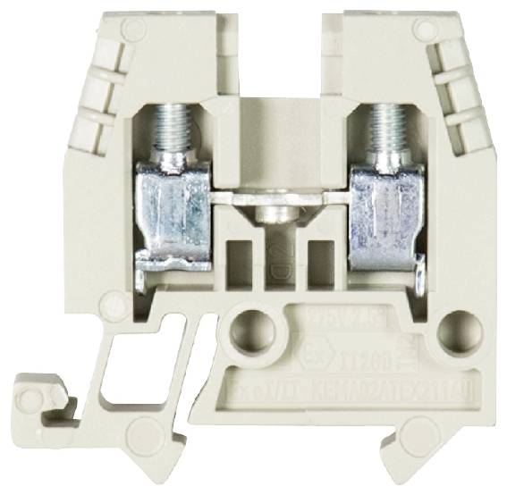 Un bornier en plastique de couleur beige, équipé de deux connexions à vis, destiné à la jonction électrique de câbles.