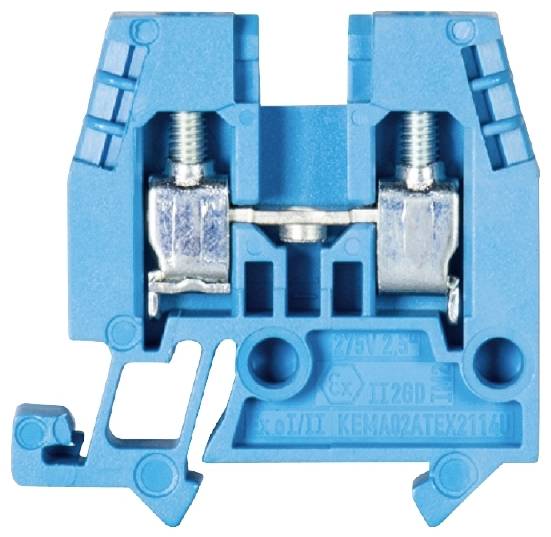 Une borne électrique bleue avec des contacts métalliques et des vis, utilisée pour connecter en toute sécurité des lignes électriques.