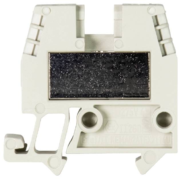 Borne électrique en plastique avec surface de contact métallique et système de verrouillage mécanique, adaptée aux connexions électriques.