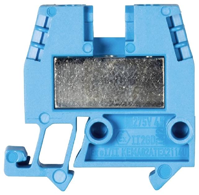Un parafoudre bleu, de forme rectangulaire avec une plaque métallique au centre, avec des inscriptions techniques en dessous.