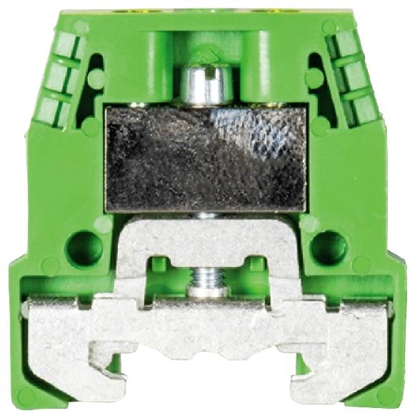 Borne de connexion verte avec une vis métallique au centre, composant typique des boîtes électriques utilisé pour raccorder des câbles.